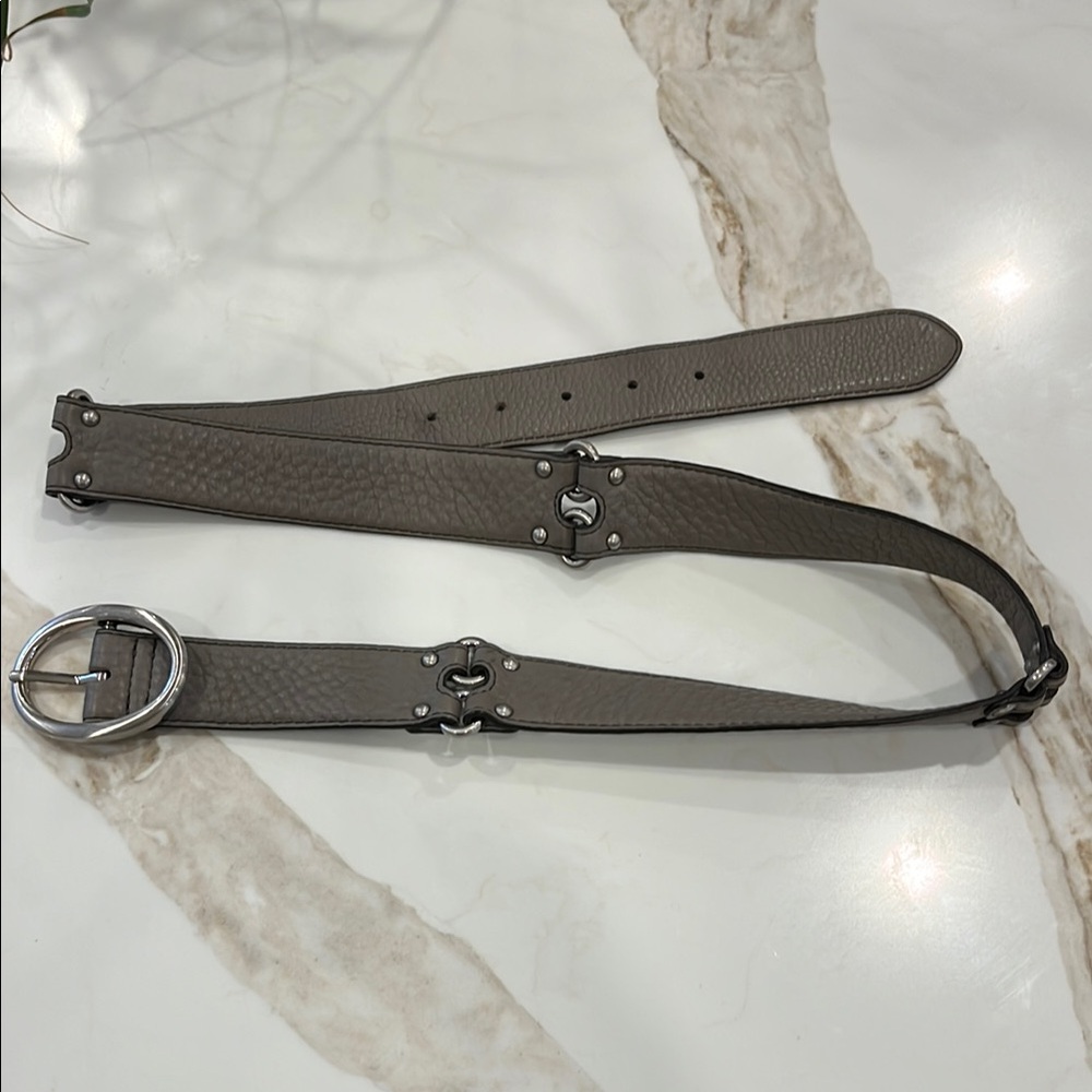 Gray Leather Cole Haan 1.25” wide Belt with Silver Buckle and accents